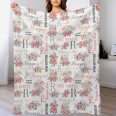 Pink Gray Personalized Baby Girl Name Blanket, Floral Elephant Girl Blanket
